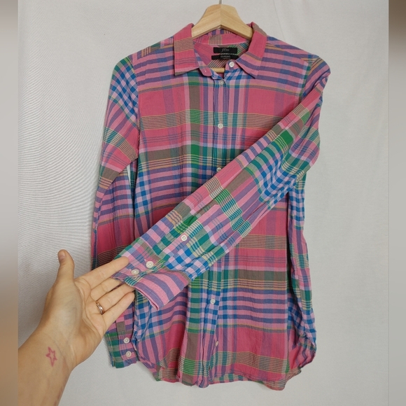 J. Crew Classic-fit Boy Shirt Crinkle Magenta Pink‎ Green Plaid.Button Front 4 - Picture 5 of 9